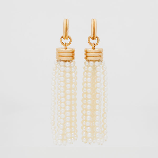 Triple Tassel Akoya Pearl Earrings with Double Link Huggies, 18k Yellow Gold