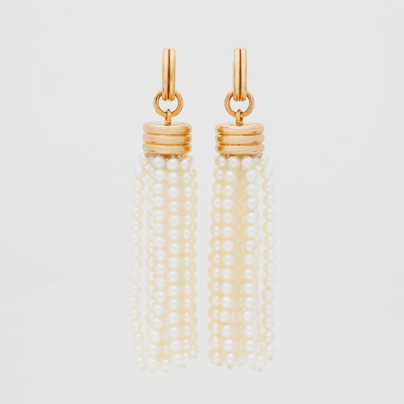 Triple Tassel Akoya Pearl Earrings with Double Link Huggies, 18k Yellow Gold