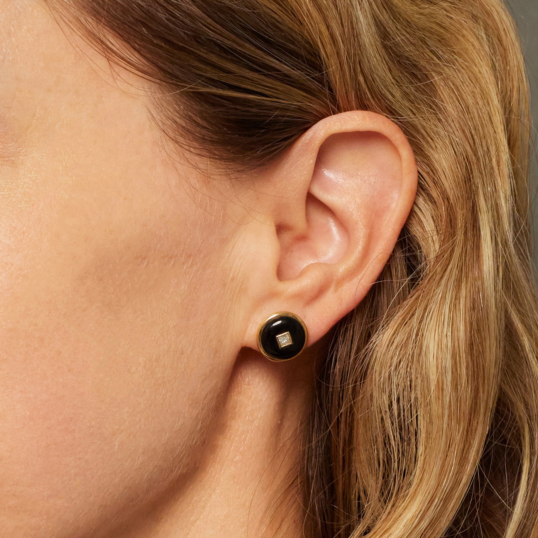 Princess Onyx Diamond Studs, 18K Yellow Gold,  Medium