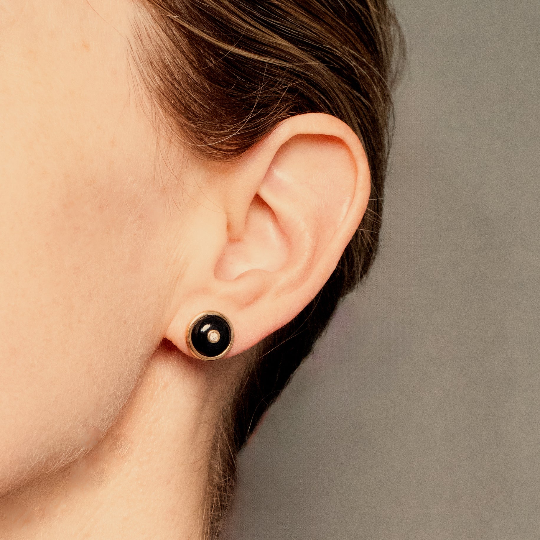 Round Onyx Diamond Studs, 18K Yellow Gold,  Small