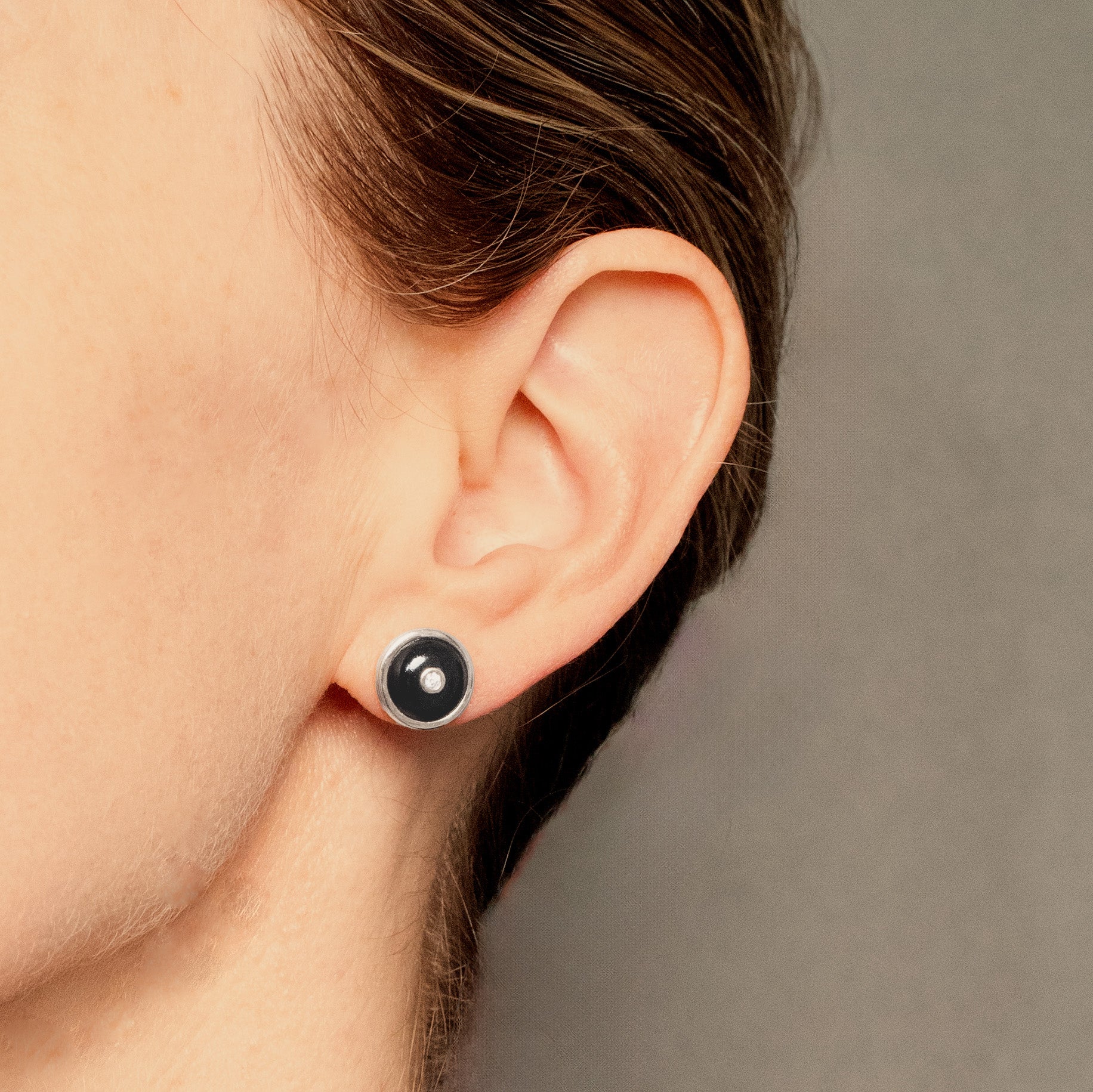 Round Onyx Diamond Studs, 18K White Gold, Small