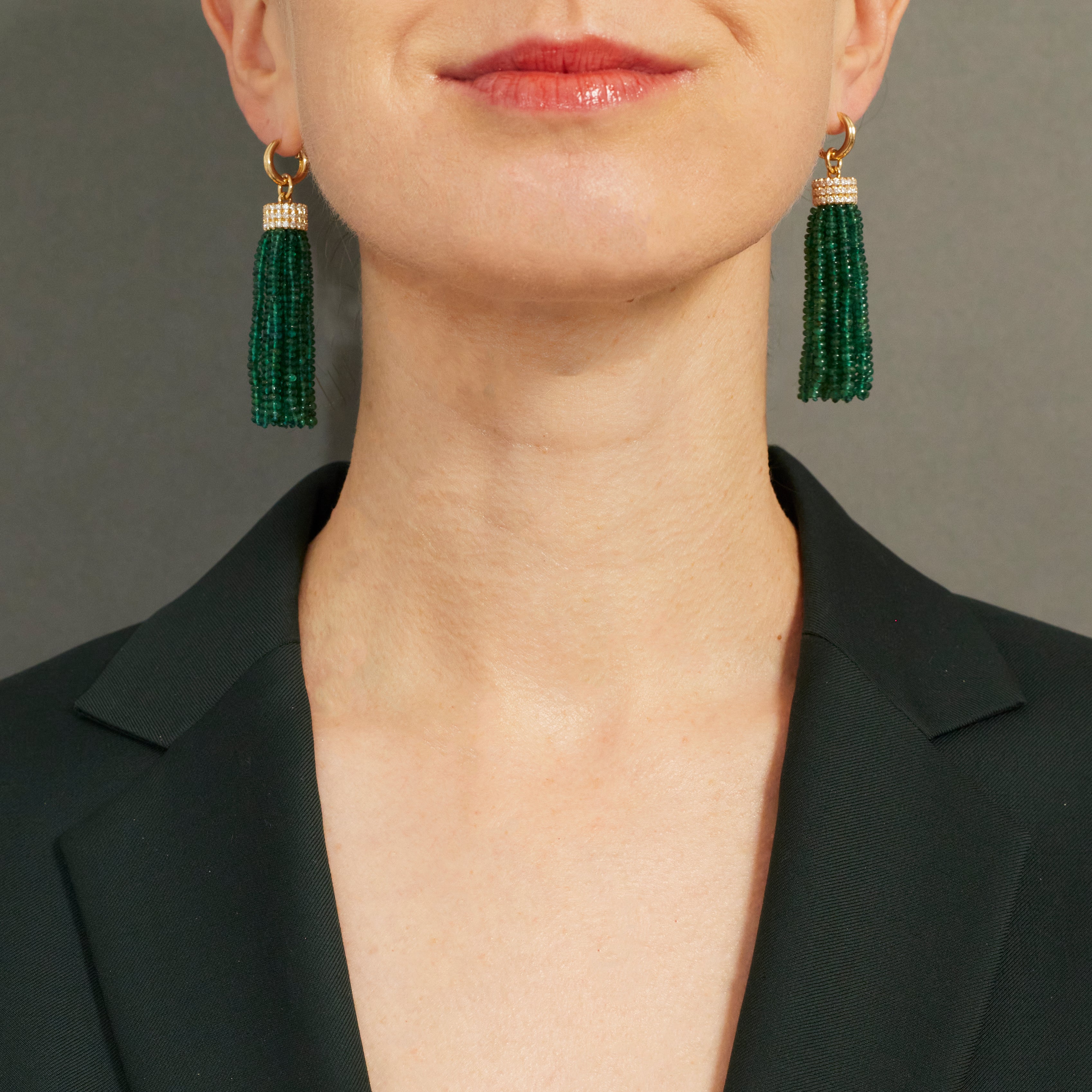 Triple Diamond Tassel Emerald Rondelles Earrings with Double Huggies, 18K Yellow Gold
