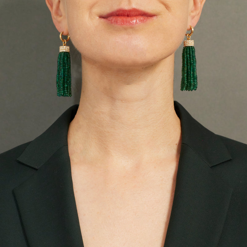 Triple Diamond Tassel Emerald Rondelles Earrings with Double Huggies, 18K Yellow Gold
