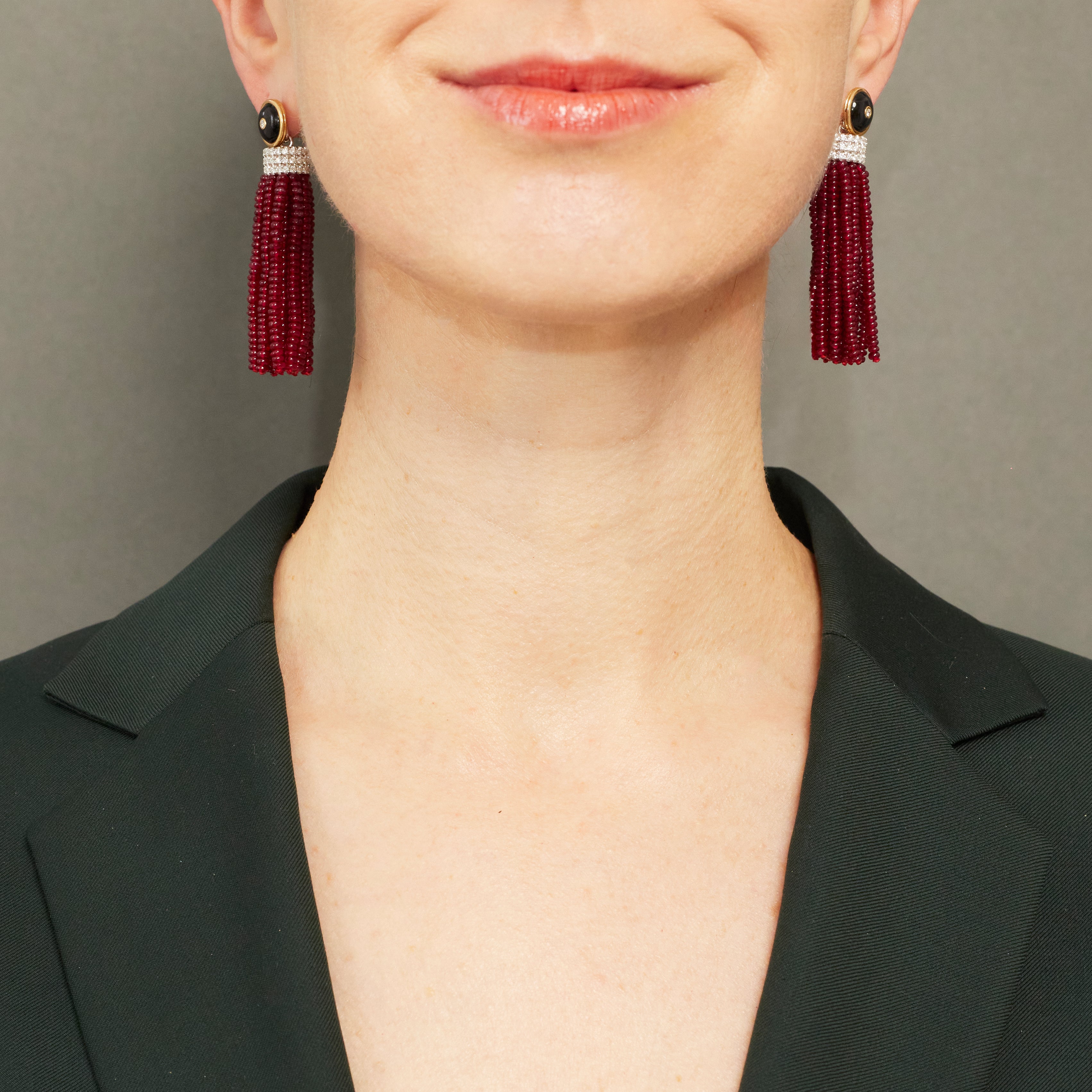 Triple Diamond Tassel Ruby Rondelles Earrings with Onyx Diamond Studs, 18k White Gold