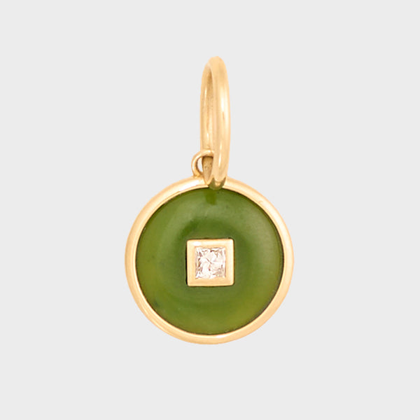 Nephrite Jade Round Diamond Pendant, 18K Yellow Gold, Small