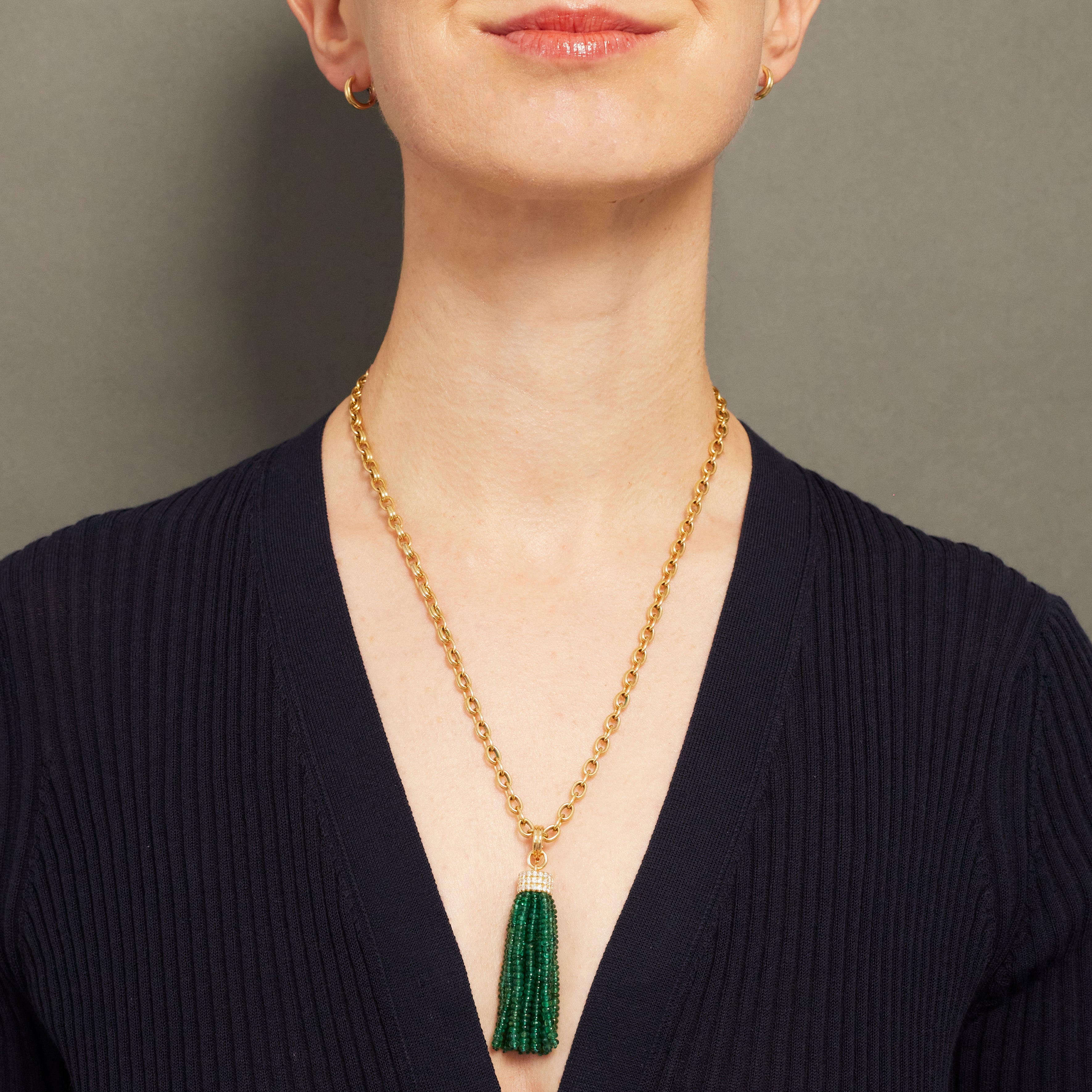 Triple Diamond Tassel Emerald Rondelles Pendant, 18K Yellow Gold
