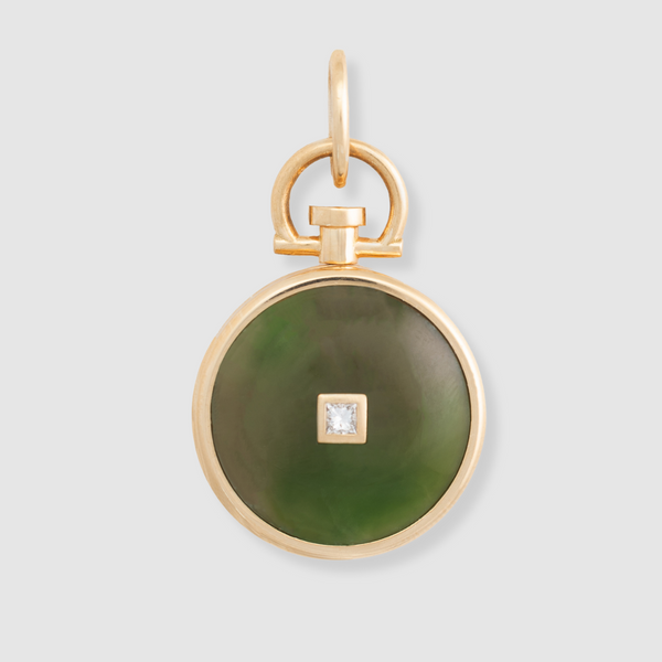 Reversible Diamond Circle Nephrite Jade Photo Locket 18k Yellow Gold (One side stone, one side barre)