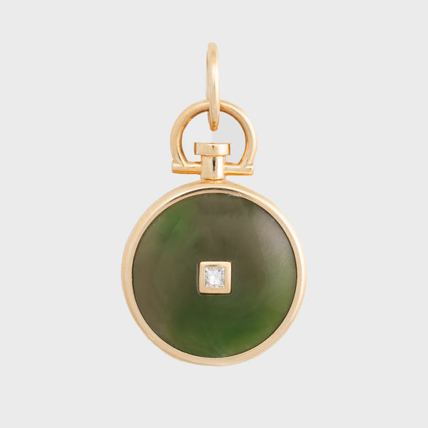 Reversible Diamond Circle Nephrite Jade Photo Locket 18k Yellow Gold (One side stone, one side barre)
