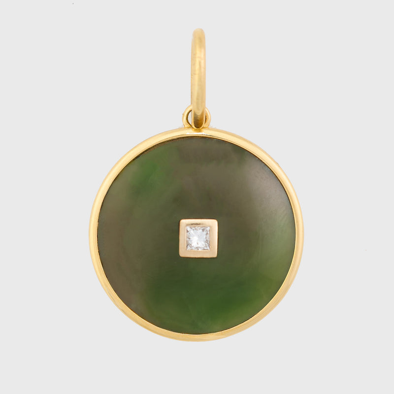 Nephrite Jade Round Diamond Pendant, 18K Yellow Gold, Medium