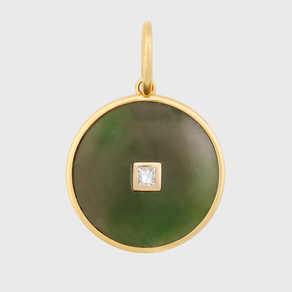 Nephrite Jade Round Diamond Pendant, 18K Yellow Gold, Medium