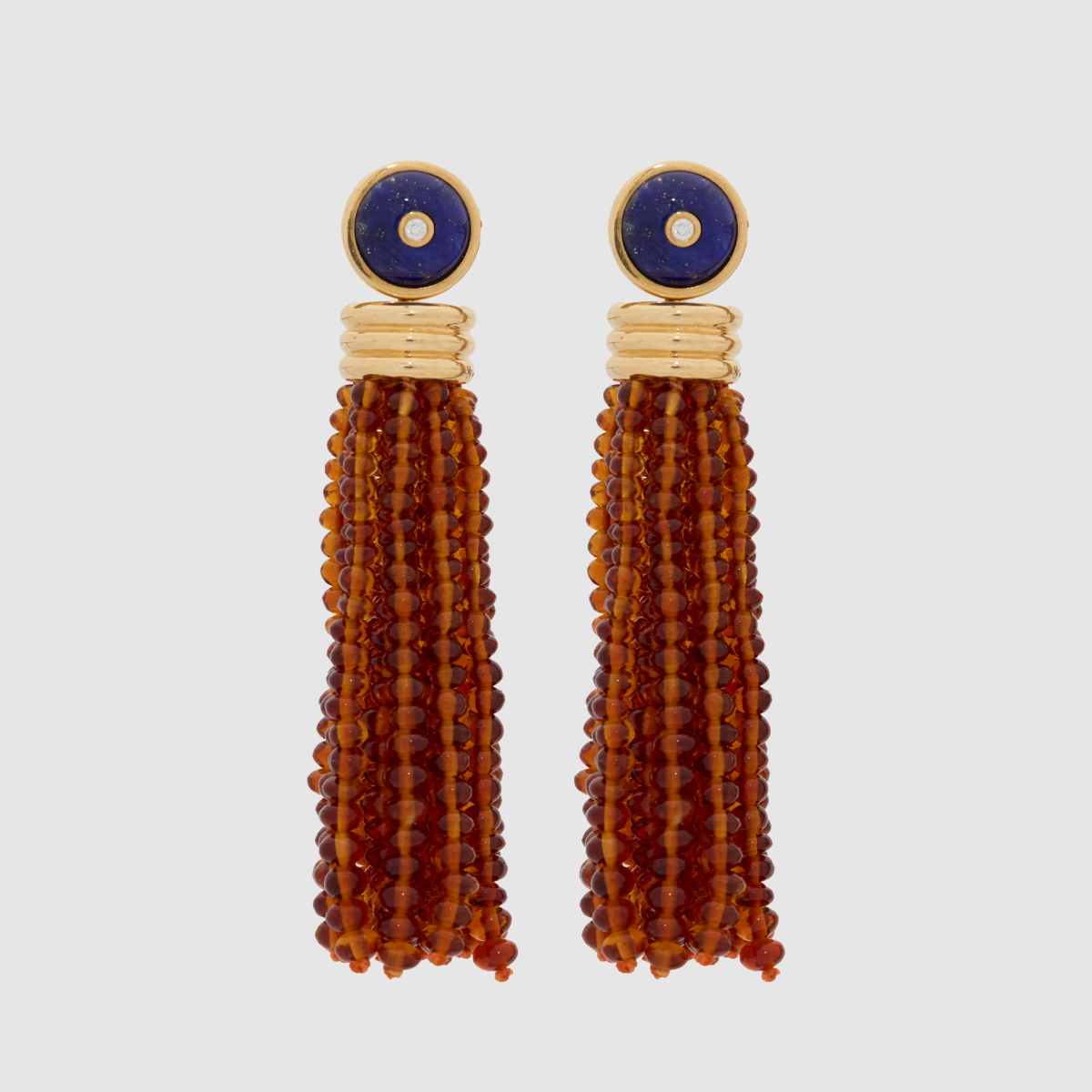 Triple Tassel Citrine Earrings with Lapis Lazuli Diamond Studs, 18K Yellow Gold