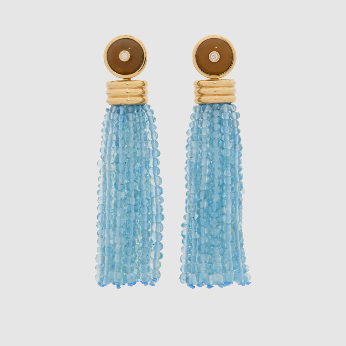 Triple Tassel Aquamarine Earrings with Mustard Chalcedony Diamond Studs, 18K Yellow Gold
