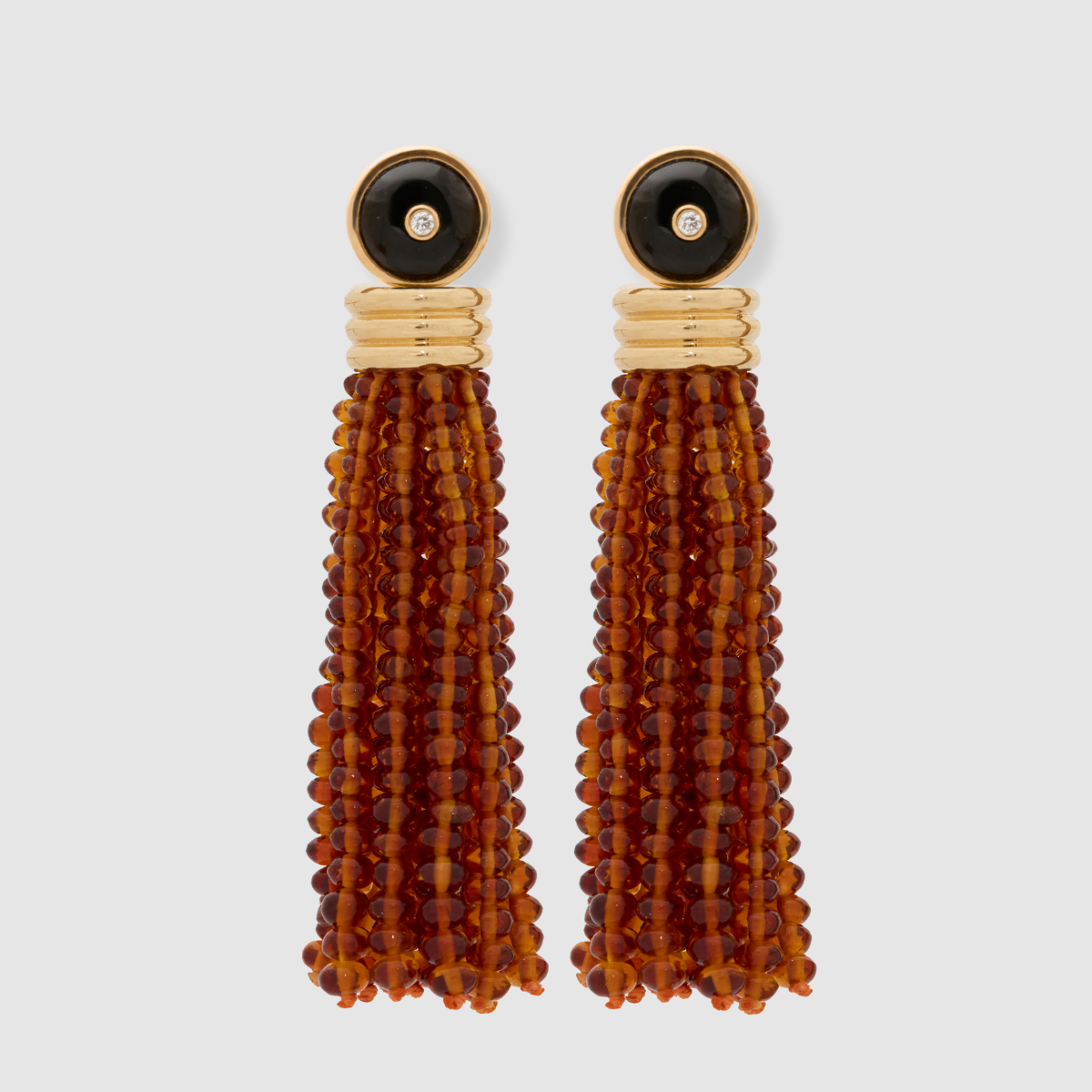 Triple Tassel Citrine Earrings with Onyx Diamond Studs, 18K Yellow Gold