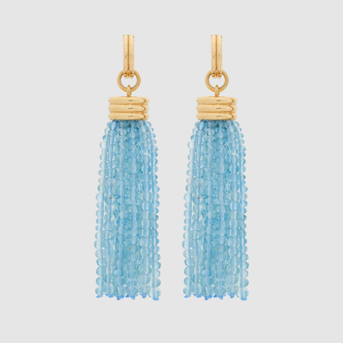 Triple Tassel Aquamarine Rondelles Earrings with Double Huggies, 18K Yellow Gold