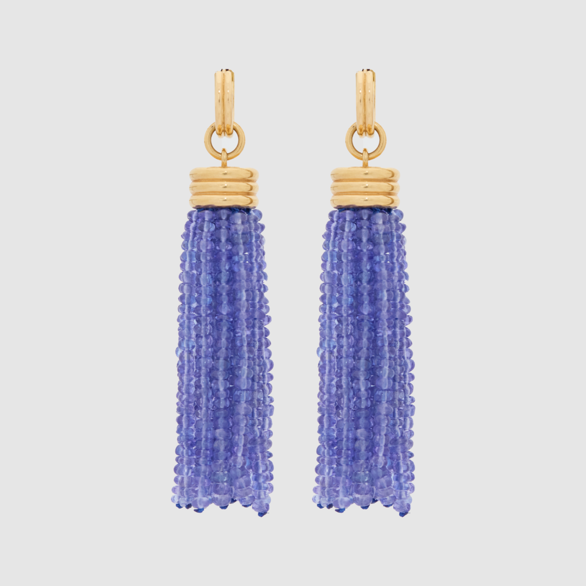 Triple Tassel Tanzanite Rondelles Earrings with Double Huggies, 18K Yellow Gold