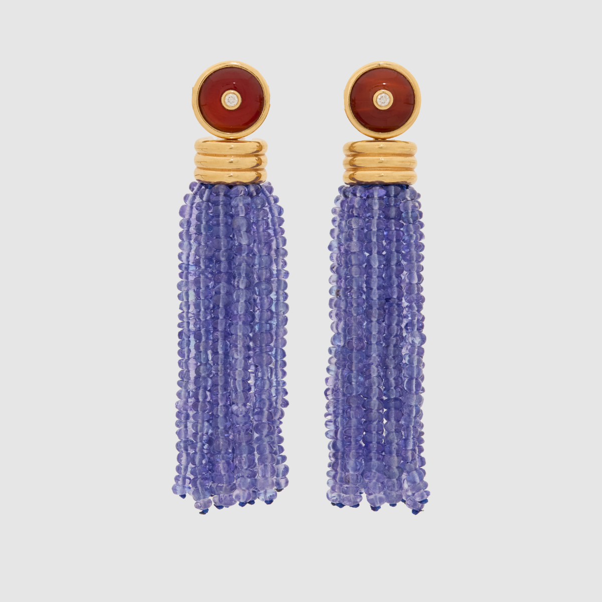Triple Tassel Tanzanite Earrings with Red Chalcedony Diamond Studs, 18K Yellow Gold