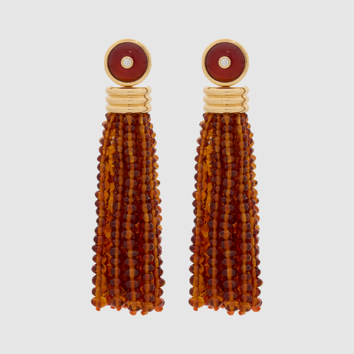 Triple Tassel Citrine Earrings with Red Chalcedony Diamond Studs, 18K Yellow Gold