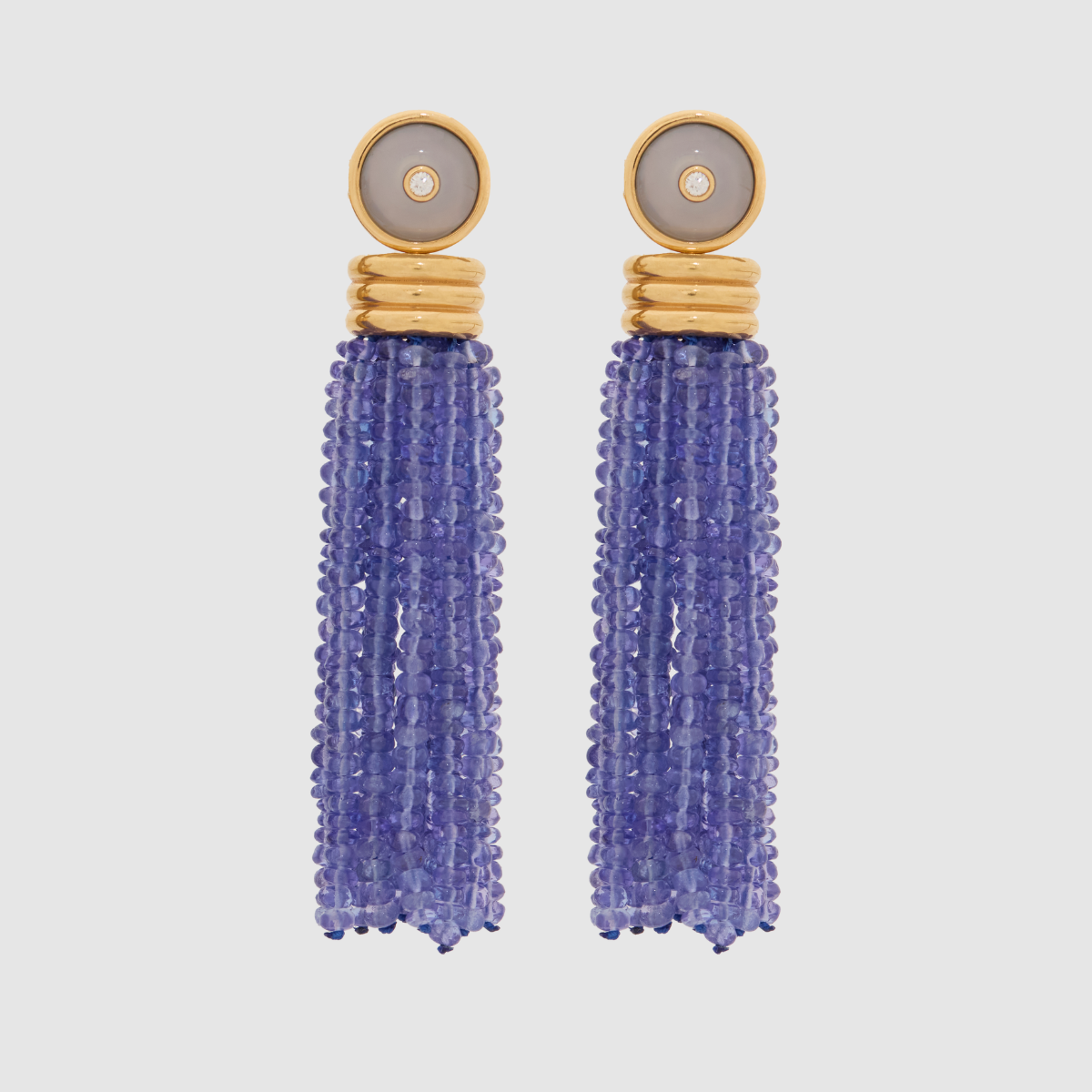 Triple Tassel Tanzanite Earrings with Blue Chalcedony Diamond Studs, 18K Yellow Gold