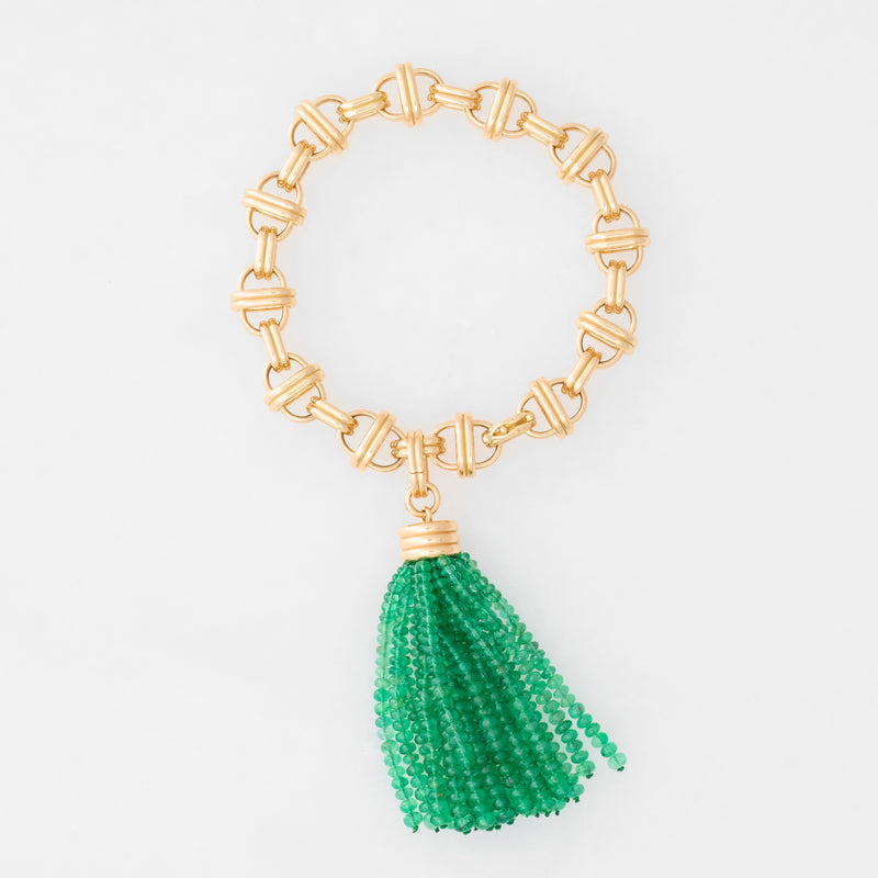 Triple Tassel Emerald Rondelles Pendant with Oval Link Bracelet 7.75" Large, 18K Yellow Gold