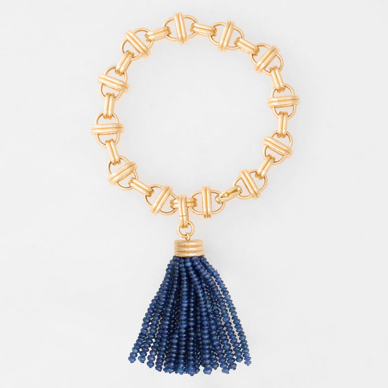 Triple Tassel Blue Sapphire Rondelles Pendant with Oval Link Bracelet 7.75" Large, 18K Yellow Gold