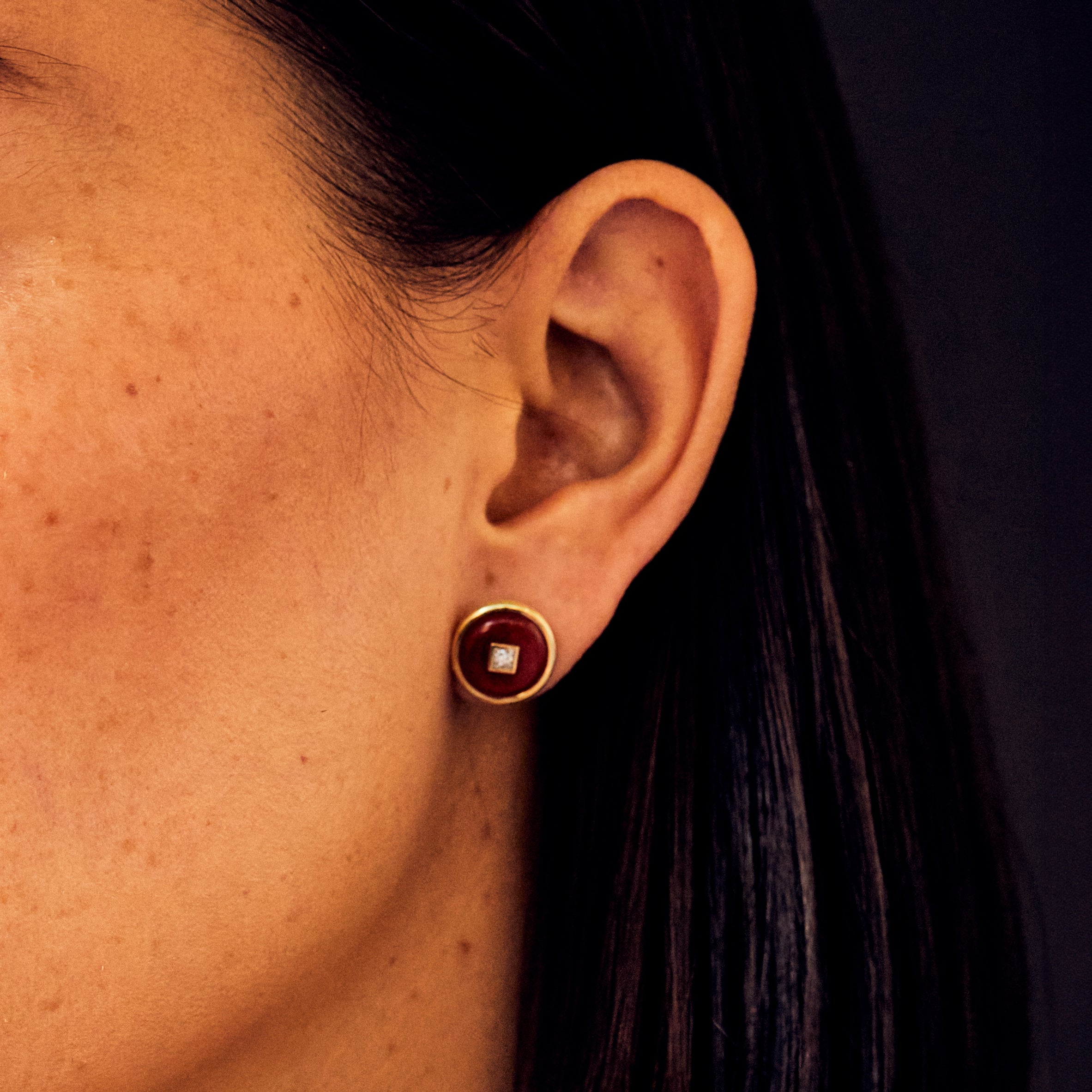Princess Red Chalcedony Diamond Studs, 18K Yellow Gold,  Medium
