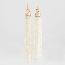 Triple Tassel Akoya Pearl Earrings with Double Link Huggies, 18k Yellow Gold, Long