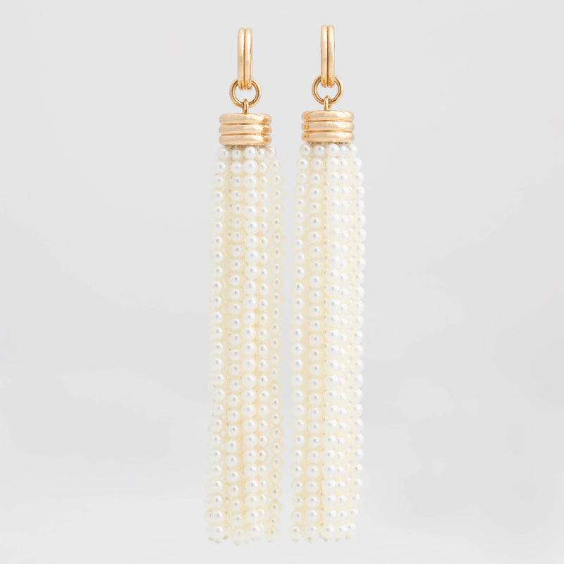 Triple Tassel Akoya Pearl Earrings with Double Link Huggies, 18k Yellow Gold, Long
