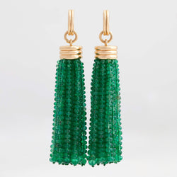 Triple Tassel Emerald Rondelles Earrings with Double Huggies, 18K Yellow Gold