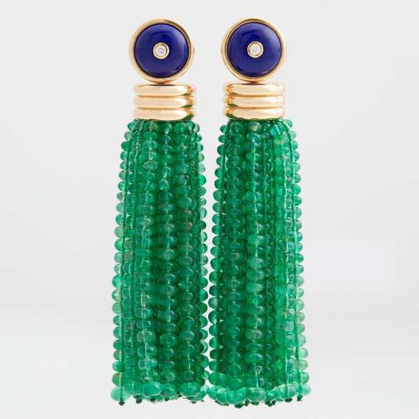 Triple Tassel Emerald Rondelles Earrings with Lapis Lazuli Diamond Studs, 18K Yellow Gold,