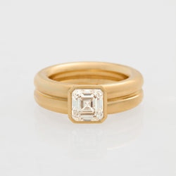 Diamond Double Band Asscher Engagment Ring, 18k Yellow Gold