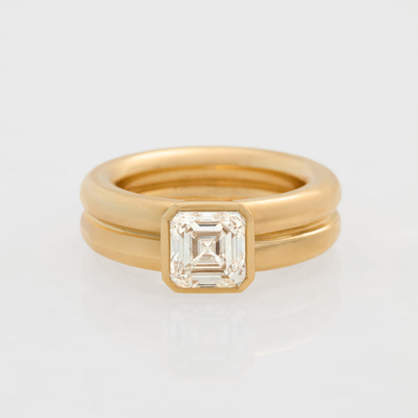 Diamond Double Band Asscher Engagment Ring, 18k Yellow Gold