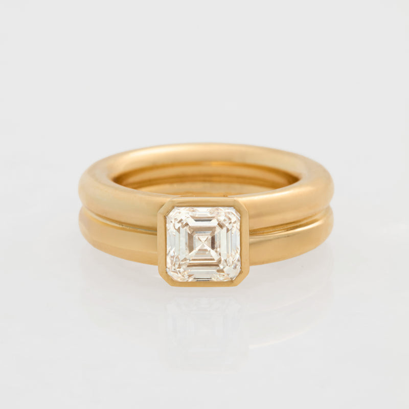 Diamond Double Band Asscher Engagment Ring, 18k Yellow Gold