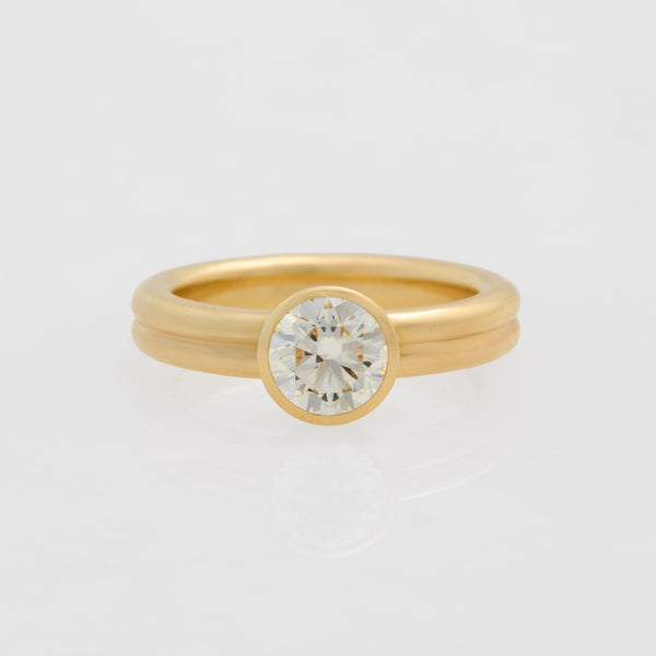 Diamond Double Band Round Brilliant Engagement Ring, 18k Yellow Gold, Bezel Set
