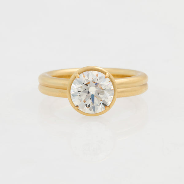 Diamond Double Band Round Brilliant Engagement Ring, 18k Yellow Gold