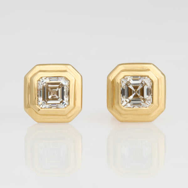 Diamond Asscher Double Bezel Studs, 18K Yellow Gold