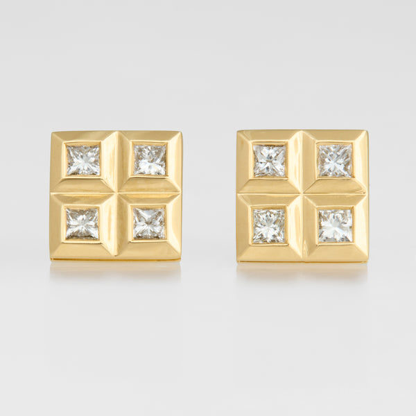 Diamond Princess Cut Grid Studs, 18k Yellow Gold