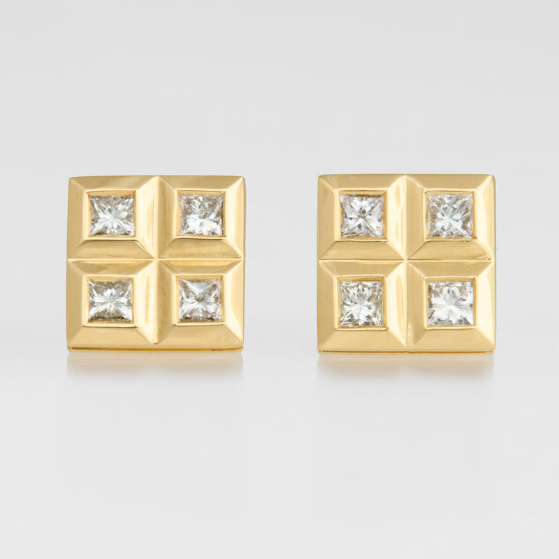 Diamond Princess Cut Grid Studs, 18k Yellow Gold