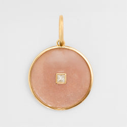 Peach Moonstone Round Diamond Pendant, 18K Yellow Gold, Medium