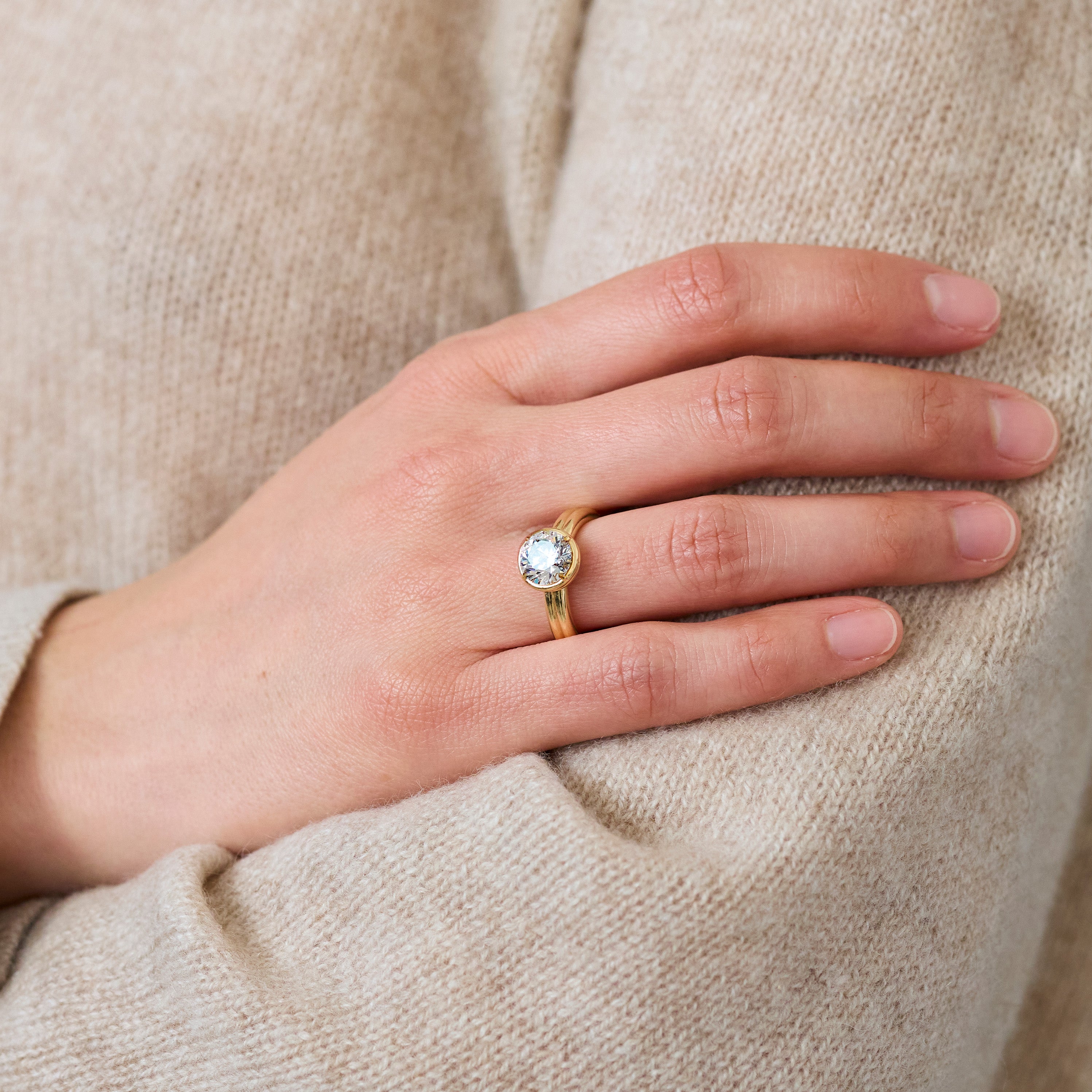 Diamond Double Band Round Brilliant Ring, 18k Yellow Gold, Prong Set