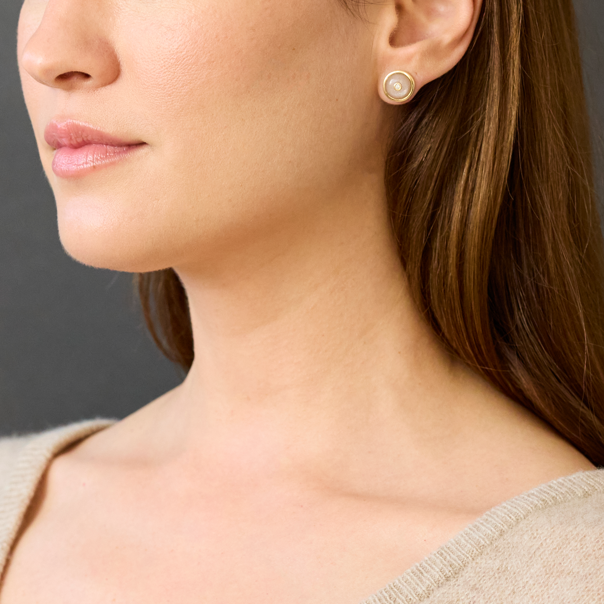 Round Peach Moonstone Diamond Studs, 18K Yellow Gold,  Small