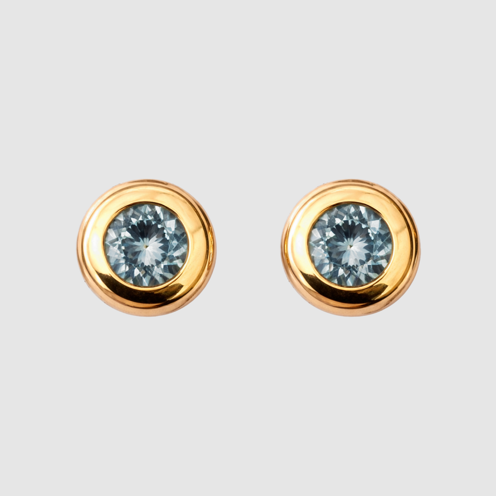 Aquamarine Round Bezel Set Studs, 18K Yellow Gold