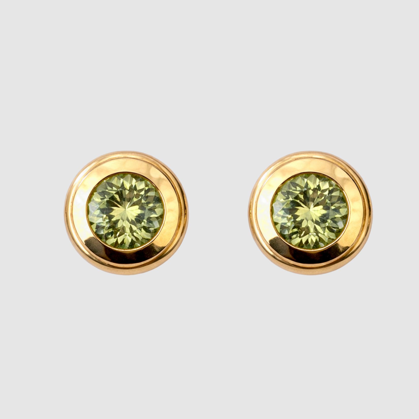 Green Mali Garnet Round Bezel Set Studs, 18K Yellow Gold