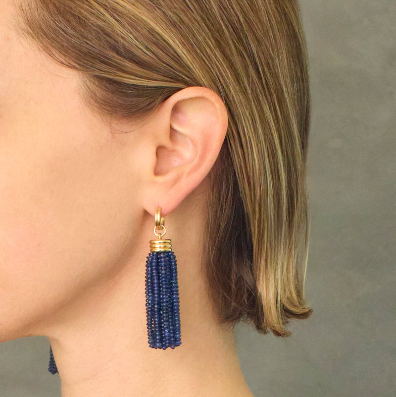 Triple Tassel Blue Sapphire Rondelles Earrings with Double Huggies, 18K Yellow Gold
