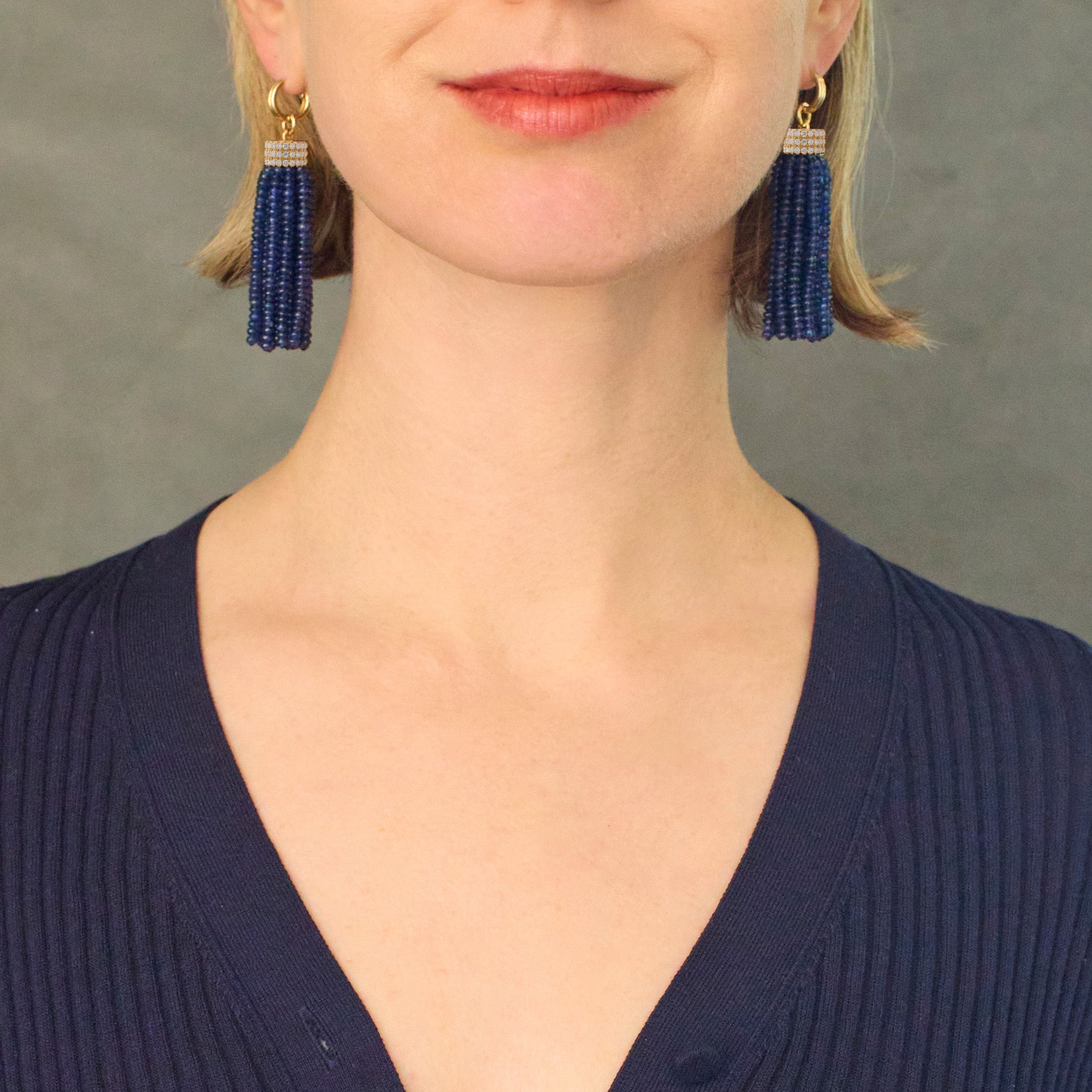 Triple Diamond Tassel Blue Sapphire Rondelles Earrings with Double Huggies, 18K Yellow Gold