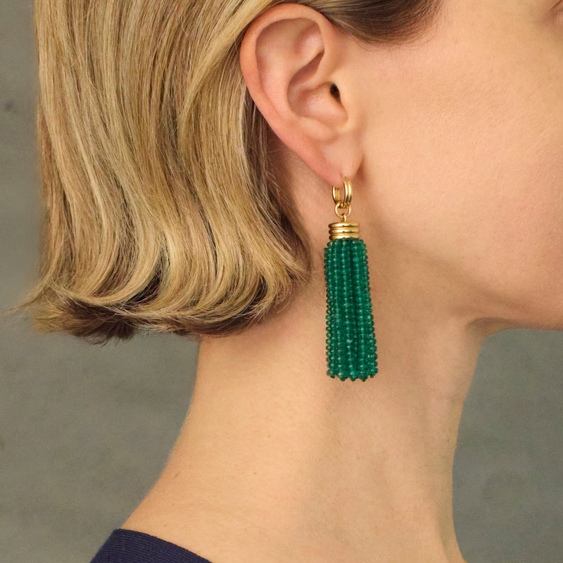 Triple Tassel Emerald Rondelles Earrings with Double Huggies, 18K Yellow Gold
