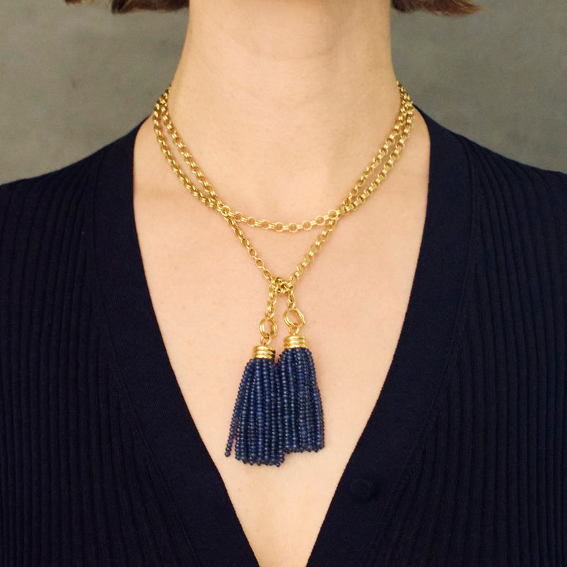 Sautoir Double Convertible Blue Sapphire Necklace 18K Yellow Gold, Medium Link, 32"
