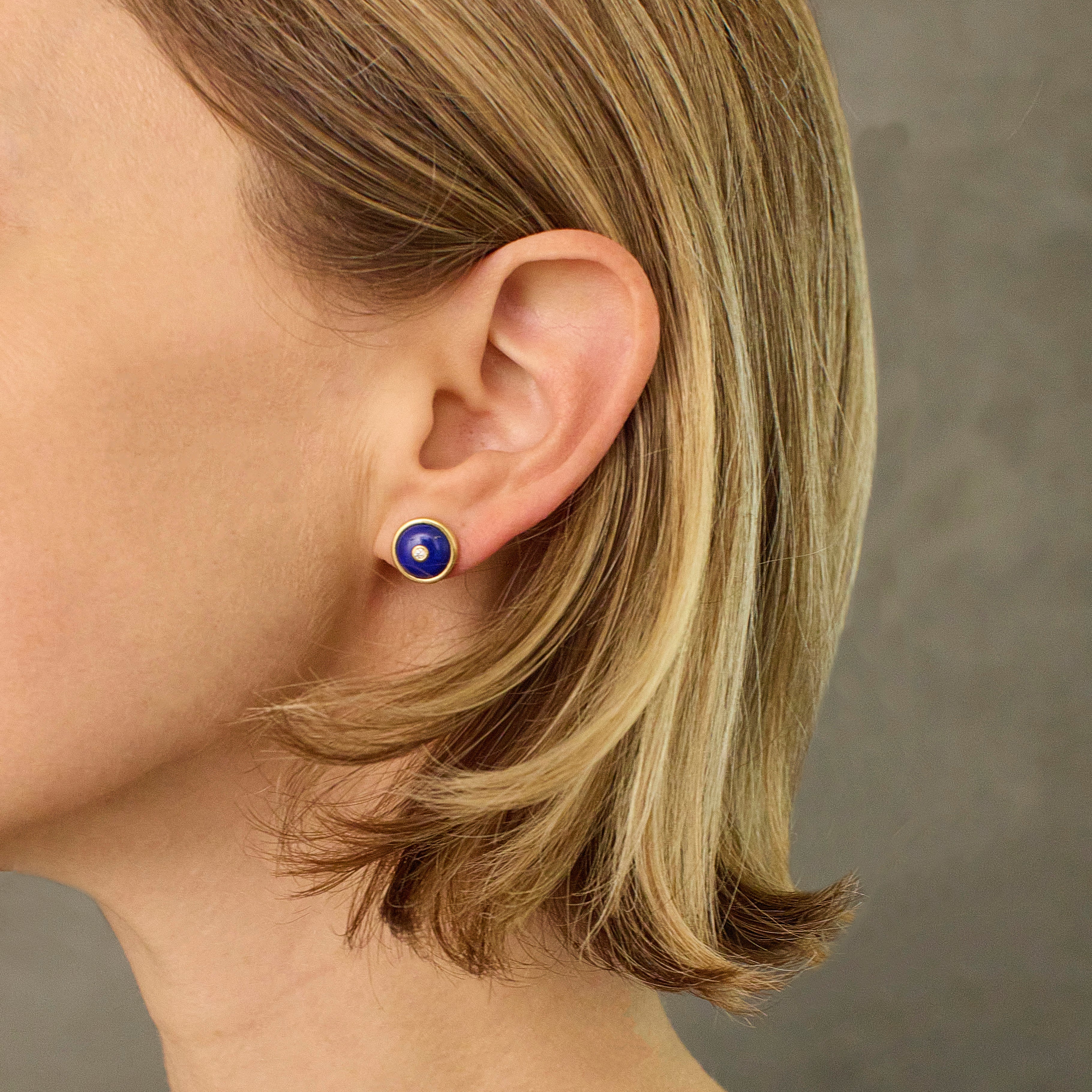 Round Lapis Lazuli Diamond Studs, 18K Yellow Gold, Small