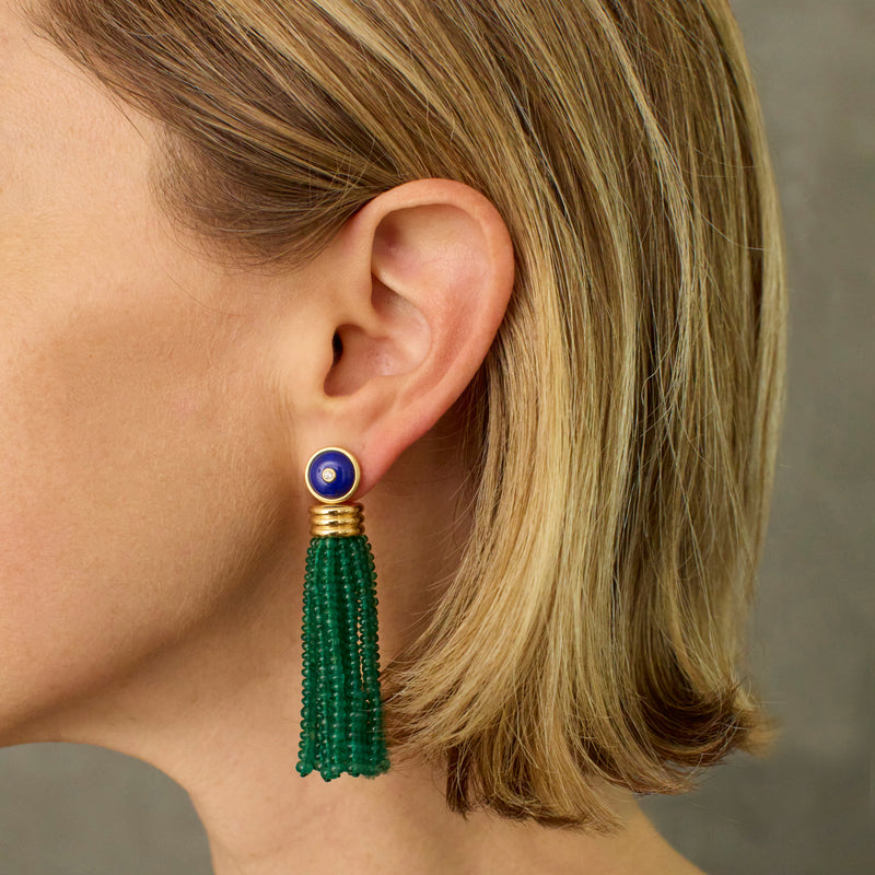 Triple Tassel Emerald Rondelles Earrings with Lapis Lazuli Diamond Studs, 18K Yellow Gold,