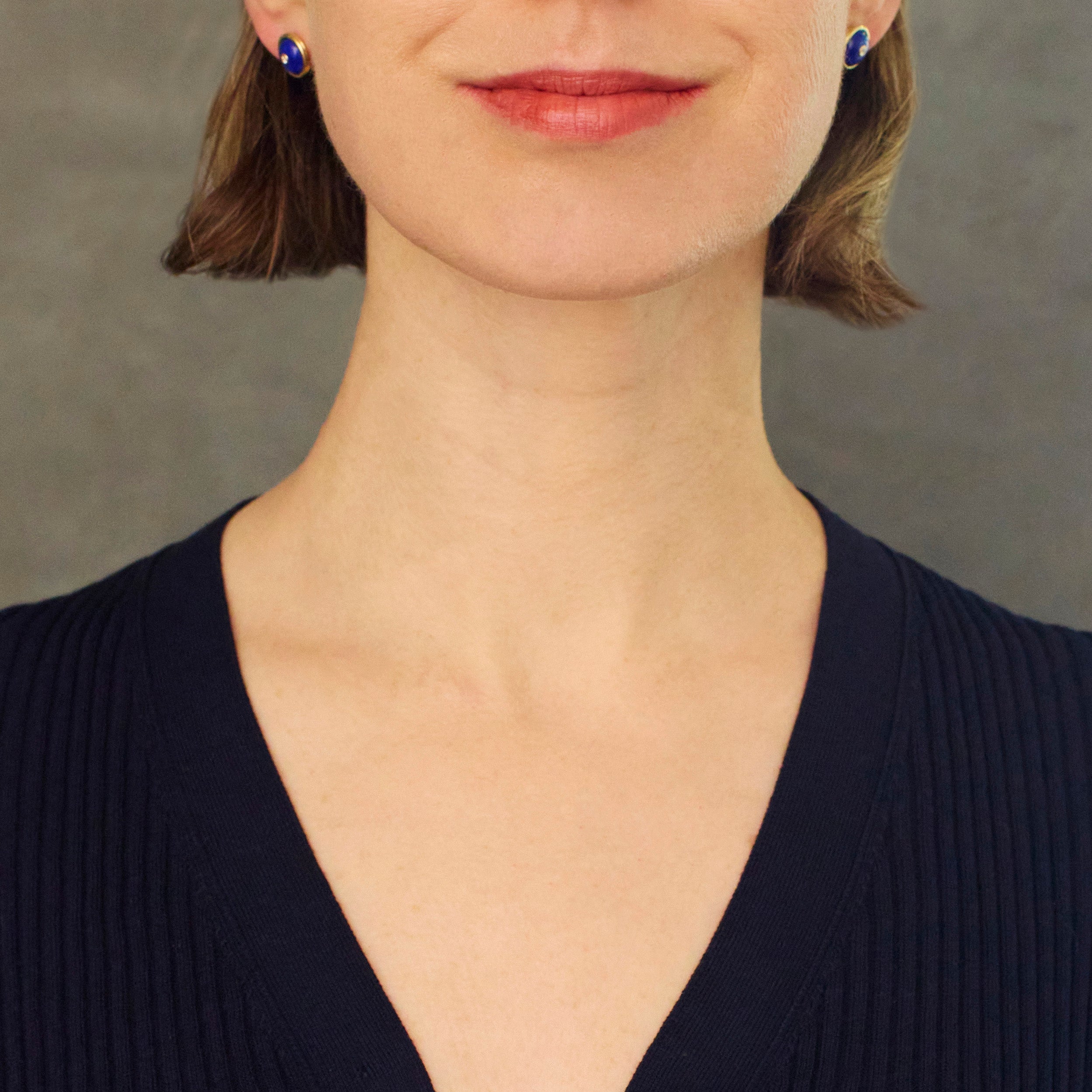 Round Lapis Lazuli Diamond Studs, 18K Yellow Gold, Small