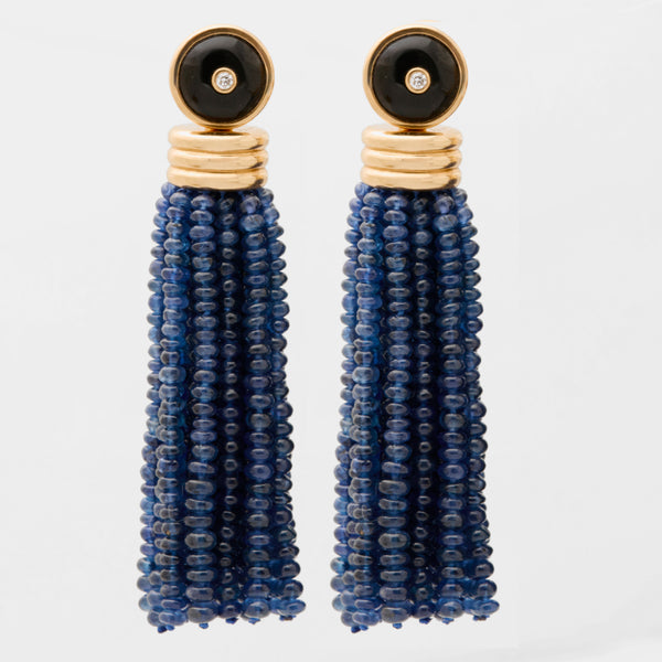 Triple Tassel Blue Sapphire Earrings with Black Jade Diamond Studs, 18K Yellow Gold,